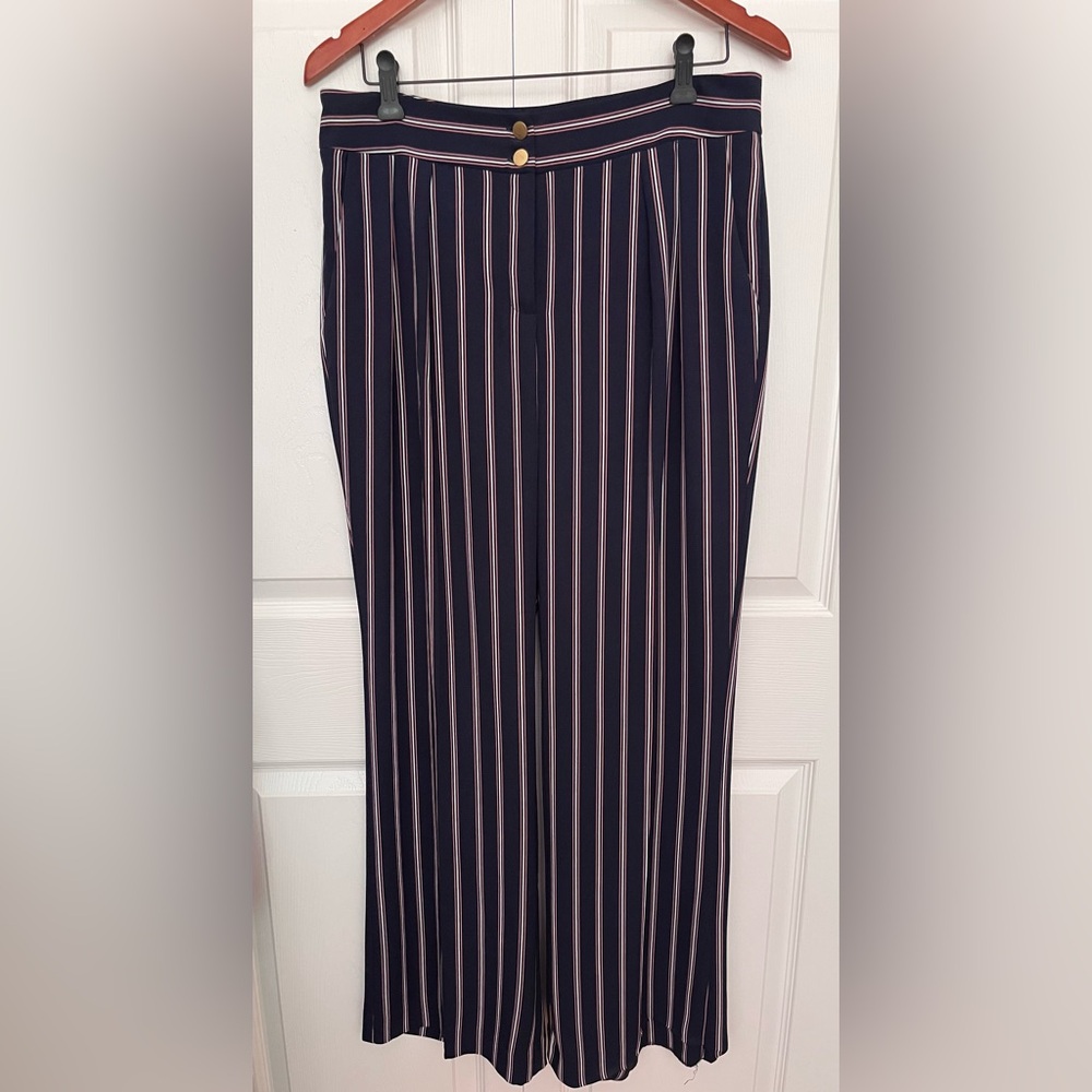 Adrianna Papell Flowy Navy Pants with Pink and White Stripes